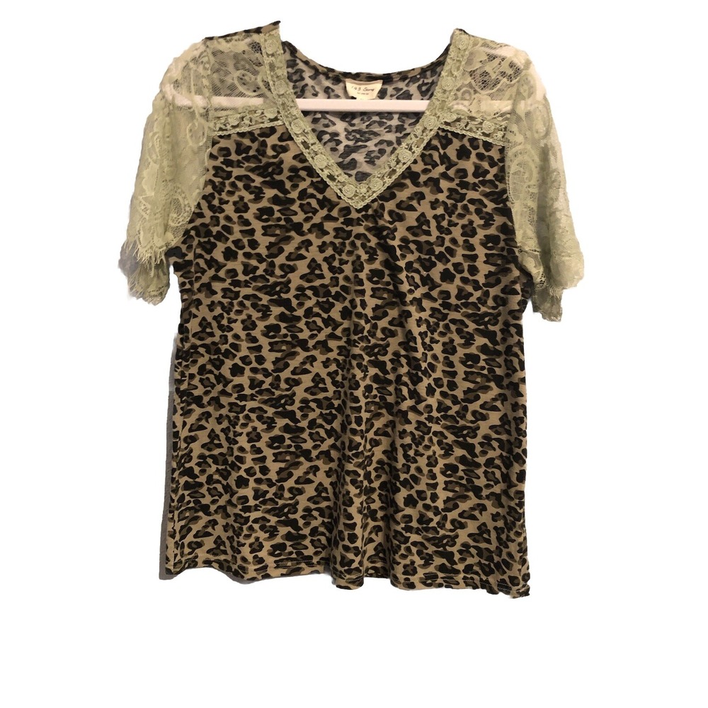 143 Story By Lineup Womens Top Medium Cheetah Lace Short Sleeve Blouse TINY FLAW